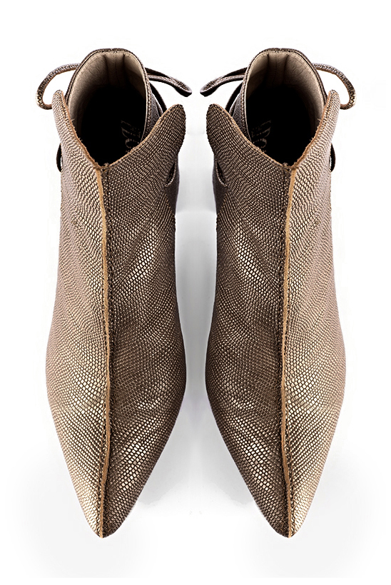 Bronze beige women's ankle boots with laces at the back. Tapered toe. High flare heels. Top view - Florence KOOIJMAN